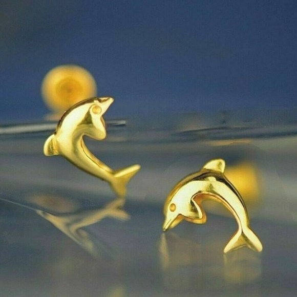 14k Solid Gold Dolphin Stud Earrings with Screw Back Fastening - Picture 2 of 3